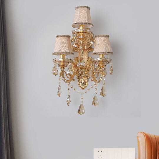 Classic 3-Light Bell Fabric Wall Sconce In Gold With Dangling Crystal - Perfect For Living Room