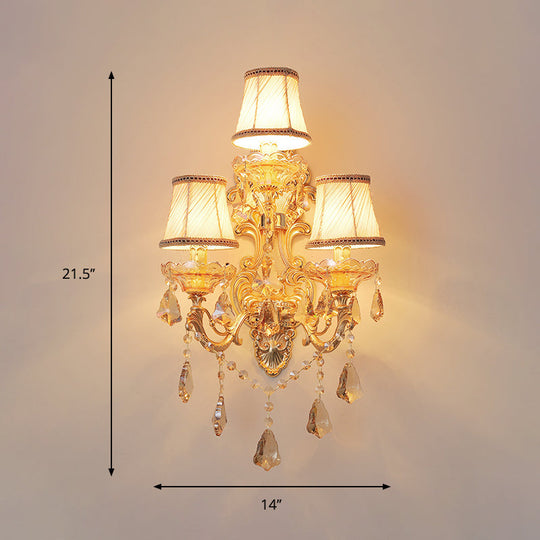 Classic 3-Light Bell Fabric Wall Sconce In Gold With Dangling Crystal - Perfect For Living Room