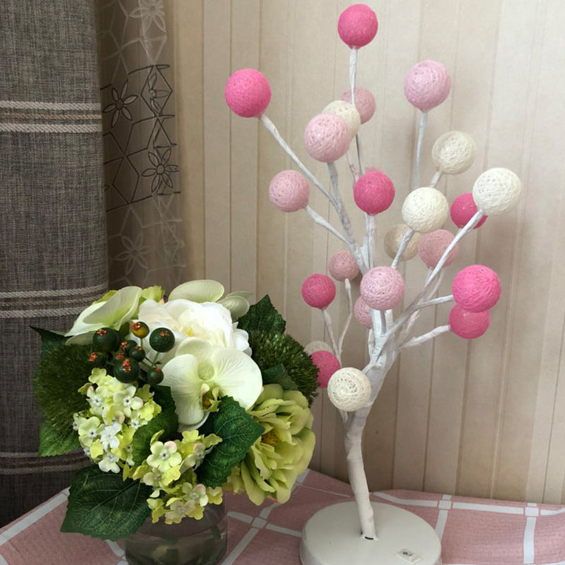 Art Deco Led Night Table Lamp With Cotton Thread Ball Tree Design - Pink/Blue/Green