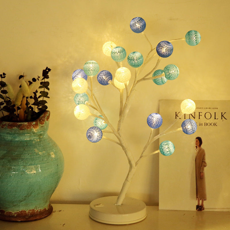 Art Deco Led Night Table Lamp With Cotton Thread Ball Tree Design - Pink/Blue/Green