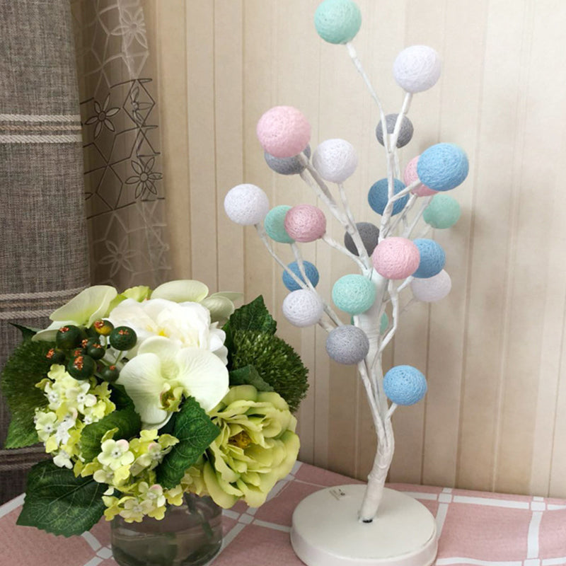 Art Deco Led Night Table Lamp With Cotton Thread Ball Tree Design - Pink/Blue/Green