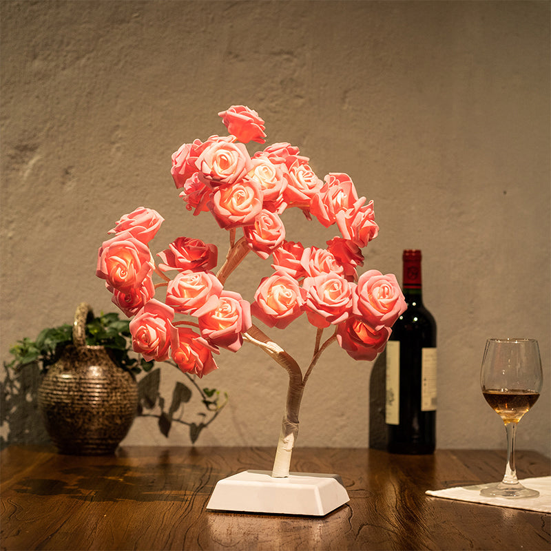 Art Deco Led Pink Rose Table Night Lamp With Branch Design - Perfect For Restaurants