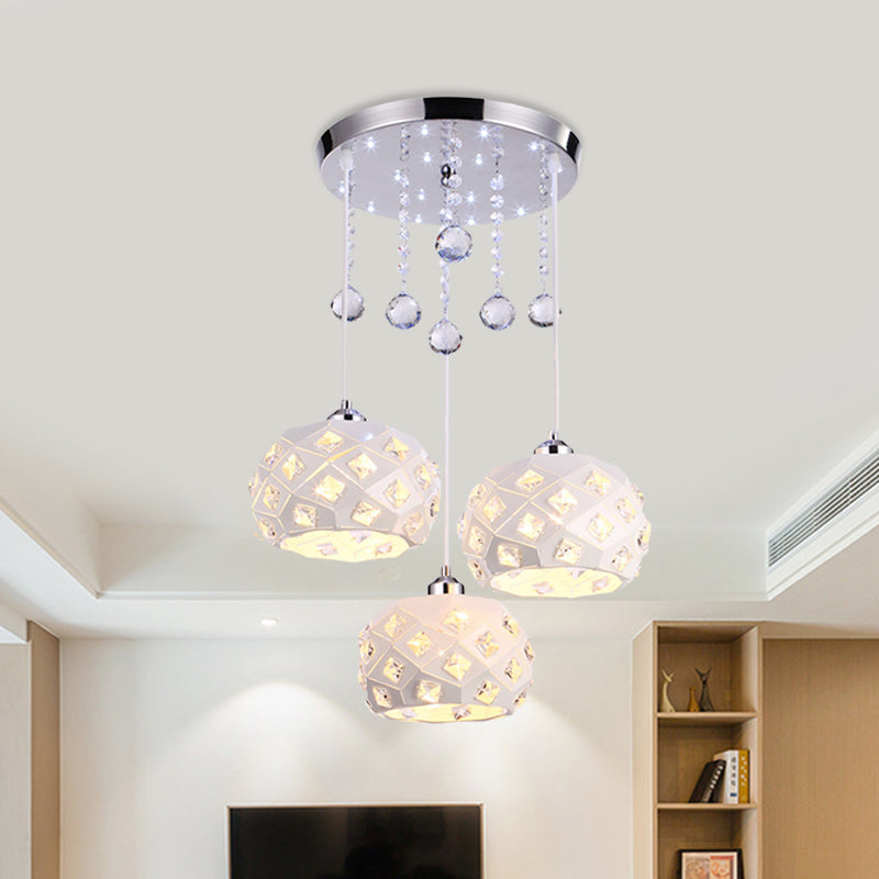 White Modernist Drum Pendant Light With 3 Crystal Heads For Dining Room