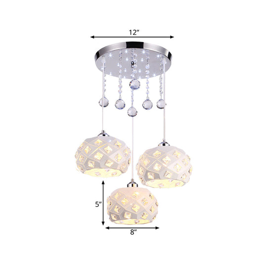 White Modernist Drum Cluster Pendant Iron Ceiling Lamp - 3 Heads with Crystal Detail for Dining Room