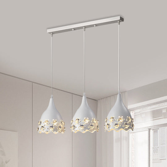 White Metal Teardrop Pendant Light with Flower Crystal Deco Edge - Modern 3 Light Ceiling Lamp