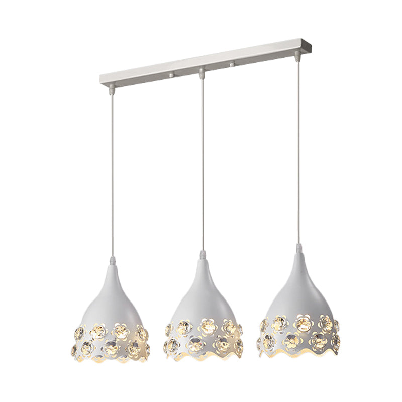 White Metal Teardrop Pendant Light with Flower Crystal Deco Edge - Modern 3 Light Ceiling Lamp