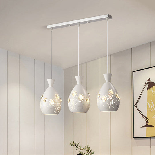 White Cone Pendant Light Set with Laser-Cut Floral Design – Modern, 3-Light Iron Lamp