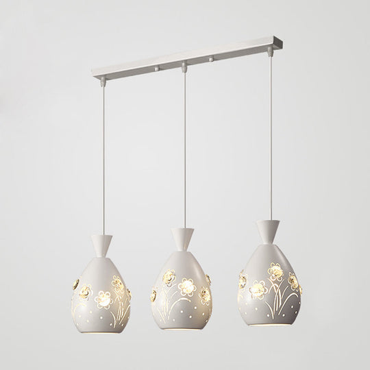 Modern White Cone Pendant Light With Laser-Cut Floral Design 3-Light Iron Hanging Lamp