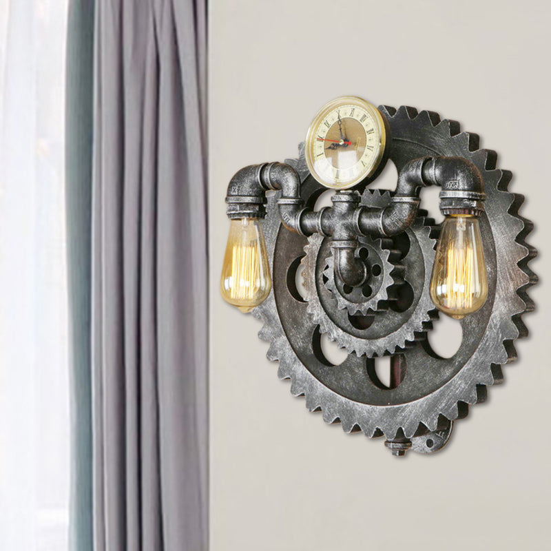 Industrial 2-Light Wrought Iron Wall Sconce - Exposed Bulb Lighting In Aged Silver For Living Room