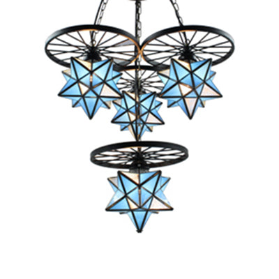 Industrial Blue Glass Tiffany Star Pendant Lamp with 4 Lights and Hanging Wheel