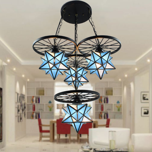 Tiffany Industrial Blue Glass Hanging Light With Wheel - 4-Light Star Pendant Lamp