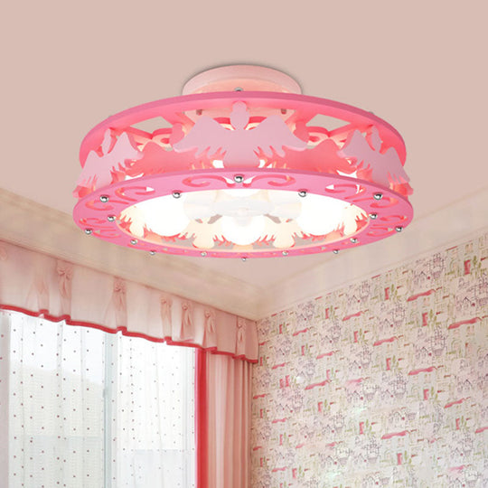 Semi Mount Pink Flush Light Fixture - Metal Drum Design with Bird/Angel Decoration, Ideal for Kids Room - 6 lights