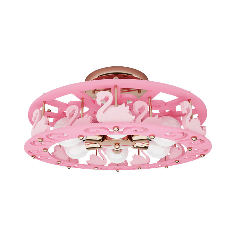 Semi Mount Pink Flush Light Fixture - Metal Drum Design with Bird/Angel Decoration, Ideal for Kids Room - 6 lights