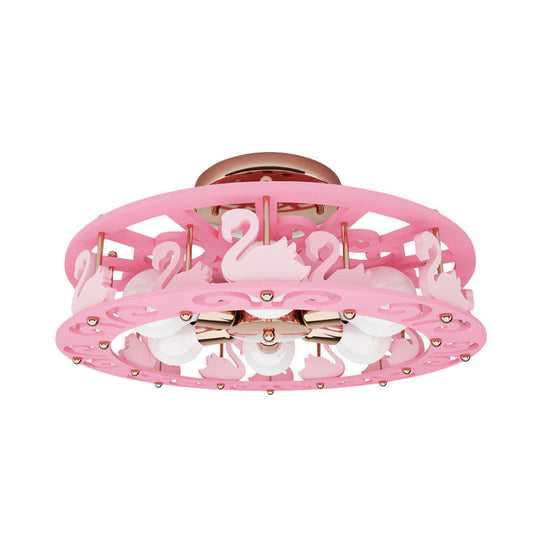 Semi Mount Pink Flush Light Fixture - Metal Drum Design with Bird/Angel Decoration, Ideal for Kids Room - 6 lights