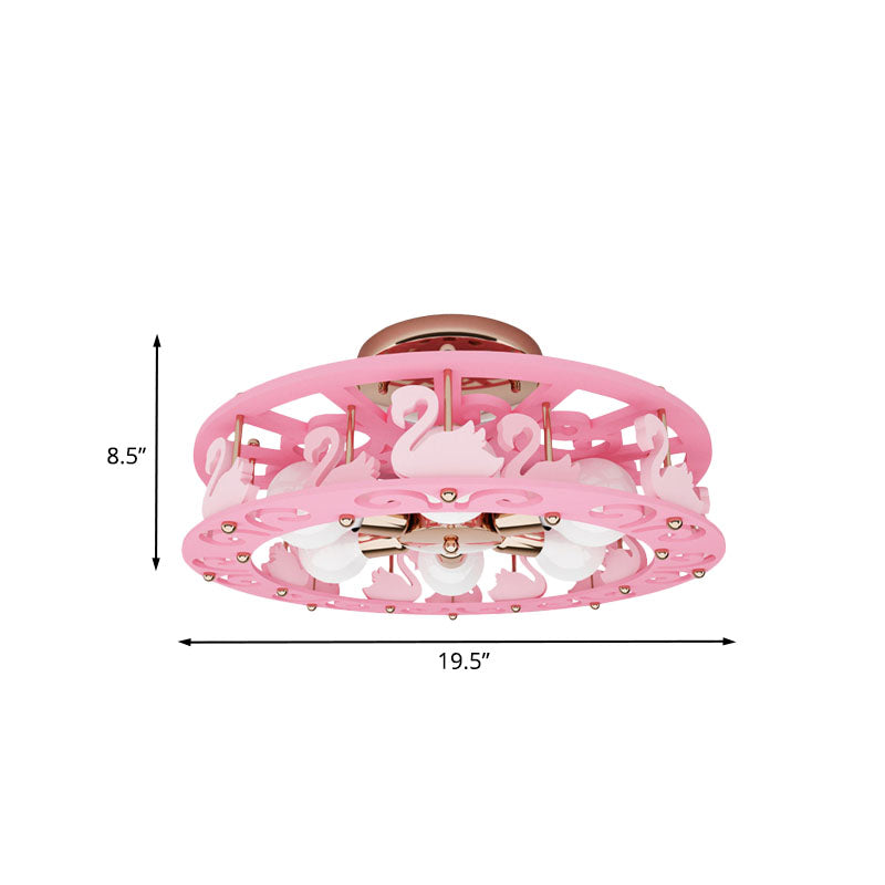 Semi Mount Pink Flush Light Fixture - Metal Drum Design with Bird/Angel Decoration, Ideal for Kids Room - 6 lights