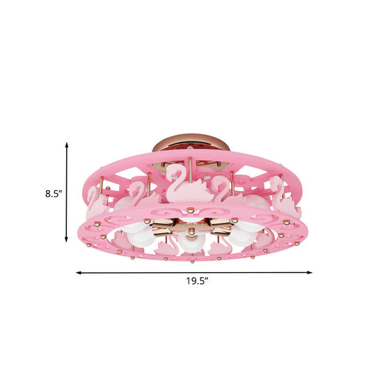 Semi Mount Pink Flush Light Fixture - Metal Drum Design With Bird/Angel Decoration Ideal For Kids