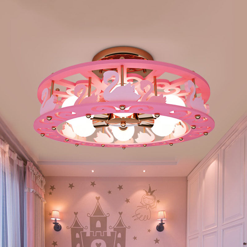 Semi Mount Pink Flush Light Fixture - Metal Drum Design with Bird/Angel Decoration, Ideal for Kids Room - 6 lights