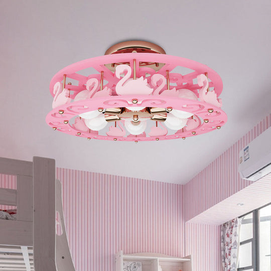 Semi Mount Pink Flush Light Fixture - Metal Drum Design with Bird/Angel Decoration, Ideal for Kids Room - 6 lights