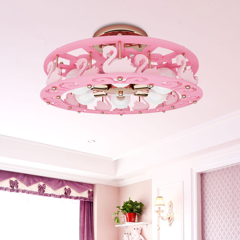 Semi Mount Pink Flush Light Fixture - Metal Drum Design with Bird/Angel Decoration, Ideal for Kids Room - 6 lights