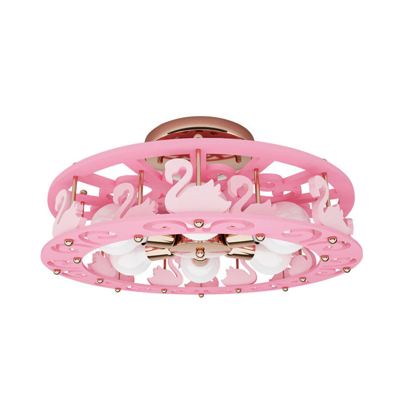 Semi Mount Pink Flush Light Fixture - Metal Drum Design with Bird/Angel Decoration, Ideal for Kids Room - 6 lights