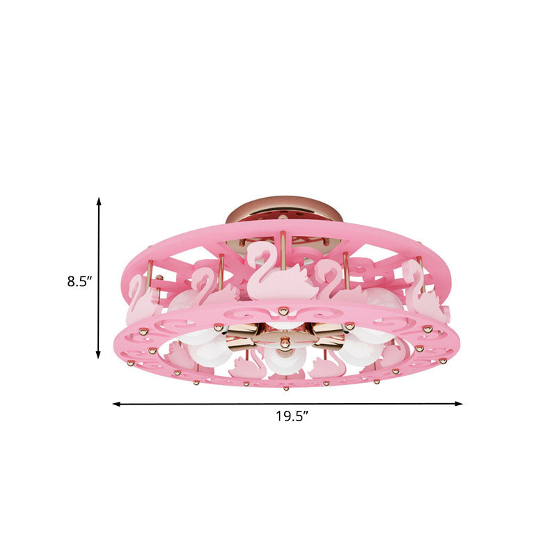 Semi Mount Pink Flush Light Fixture - Metal Drum Design with Bird/Angel Decoration, Ideal for Kids Room - 6 lights