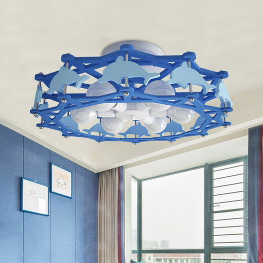 Dolphin Kindergarten Ceiling Light - Cartoon Blue Metal Flush Mount with 6 Bulbs