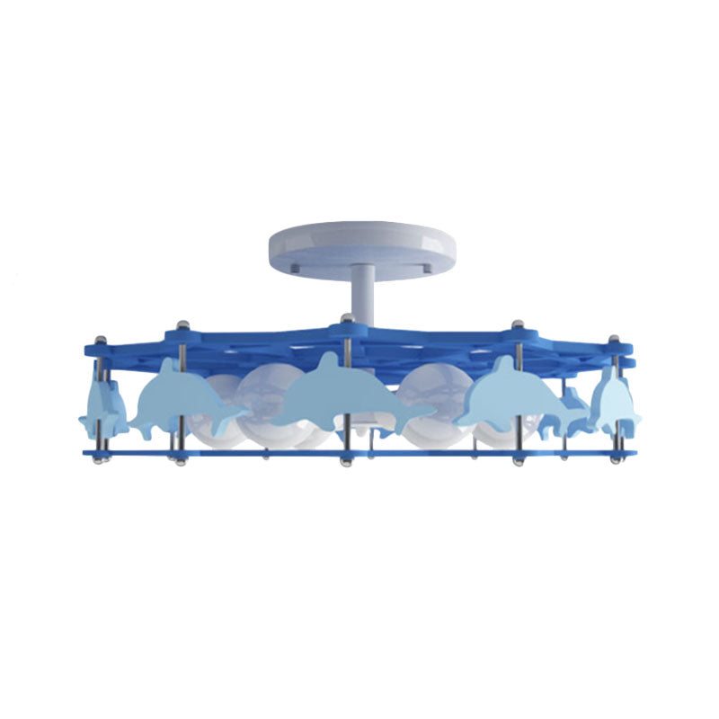 Dolphin Kindergarten Ceiling Light - Cartoon Blue Metal Flush Mount with 6 Bulbs