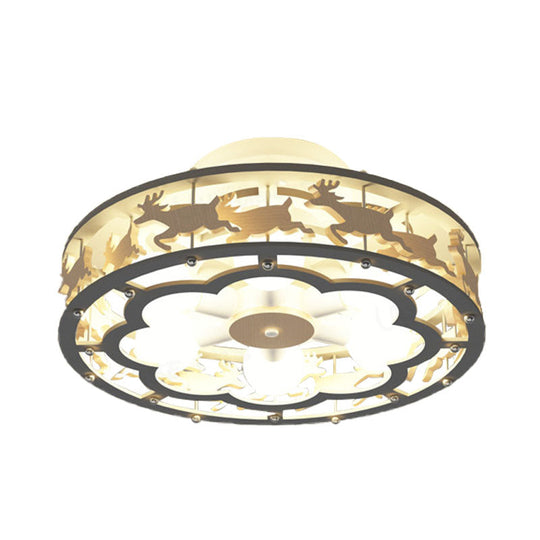 Nordic Iron Drum Ceiling Light Fixture 6-Bulb Semi Flush Mount, Grey with Wood Elk Decor