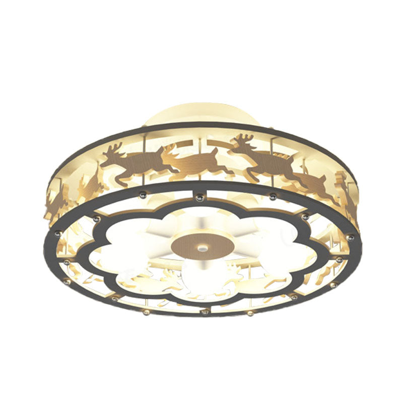 Nordic Iron Drum Ceiling Light Fixture 6-Bulb Semi Flush Mount Grey With Wood Elk Decor