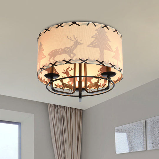 Modern Beige Semi Flush Ceiling Lamp with Drum Fabric Shade - 3-Bulb Kids Room Fixture