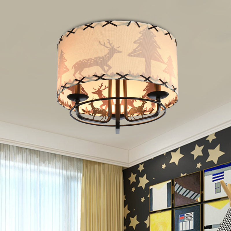 Plafonnier semi-encastré beige moderne avec abat-jour en tissu tambour - Luminaire pour chambre d'enfant à 3 ampoules