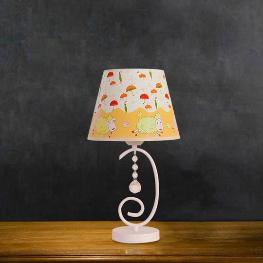 White Cartoon Night Lamp With Crystal Drop And Fun Animal Patterns Barrel Table Light