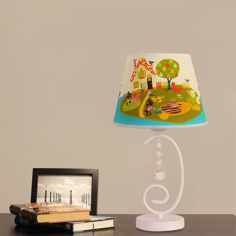 White Cartoon Night Lamp With Crystal Drop And Fun Animal Patterns Barrel Table Light