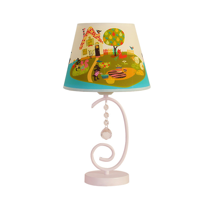 White Cartoon Night Lamp With Crystal Drop And Fun Animal Patterns Barrel Table Light