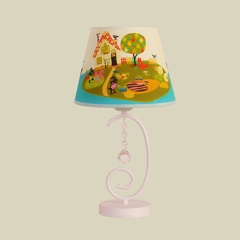 White Cartoon Night Lamp With Crystal Drop And Fun Animal Patterns Barrel Table Light