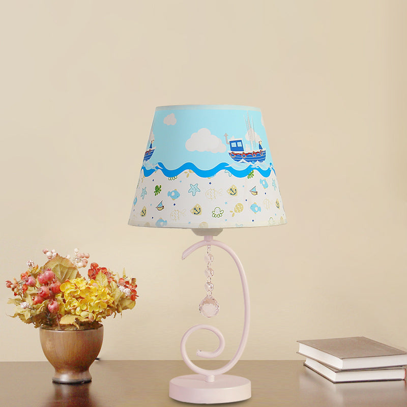 White Cartoon Night Lamp With Crystal Drop And Fun Animal Patterns Barrel Table Light