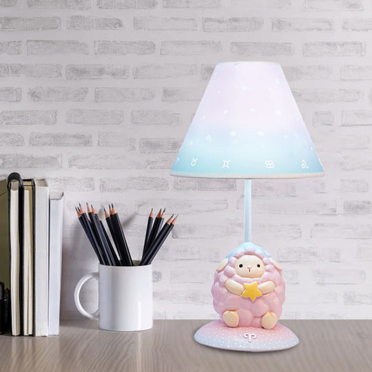 Cartoon Pink Constellation Night Table Light - Resin Lamp With Cone Fabric Shade