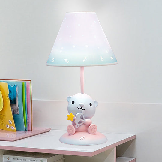 Cartoon Pink Constellation Night Table Light - Resin Lamp With Cone Fabric Shade / C