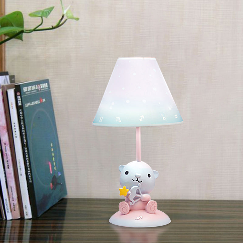 Cartoon Pink Constellation Night Table Light - Resin Lamp With Cone Fabric Shade