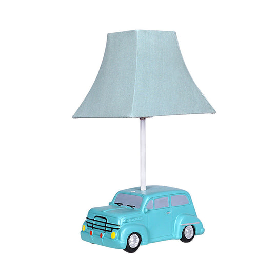 Blue Cartoon Desk Lamp For Nursery With Bell Fabric Shade And Car Resin Base