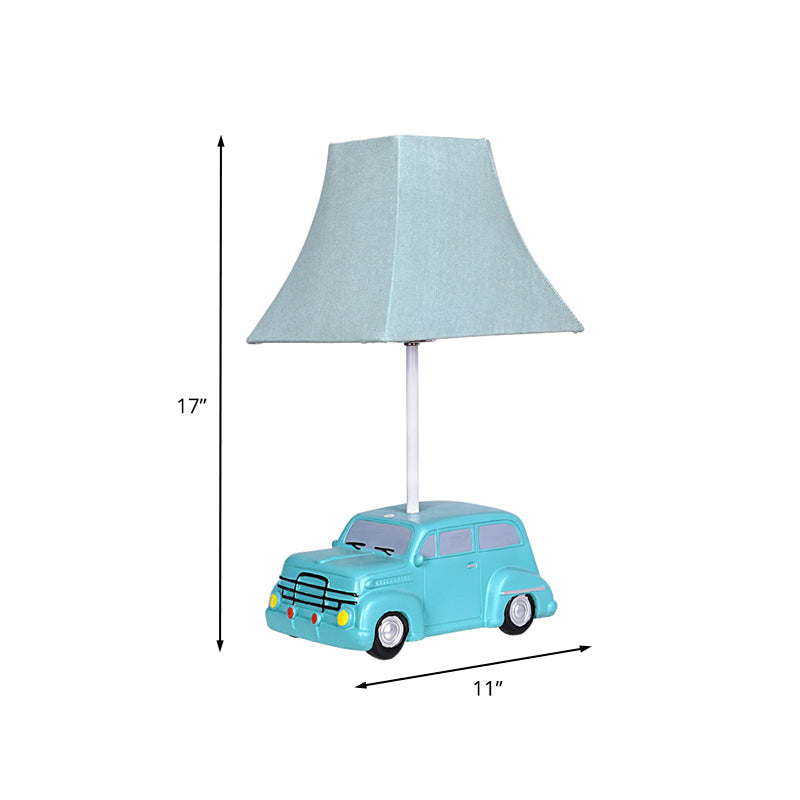 Blue Cartoon Desk Lamp For Nursery With Bell Fabric Shade And Car Resin Base