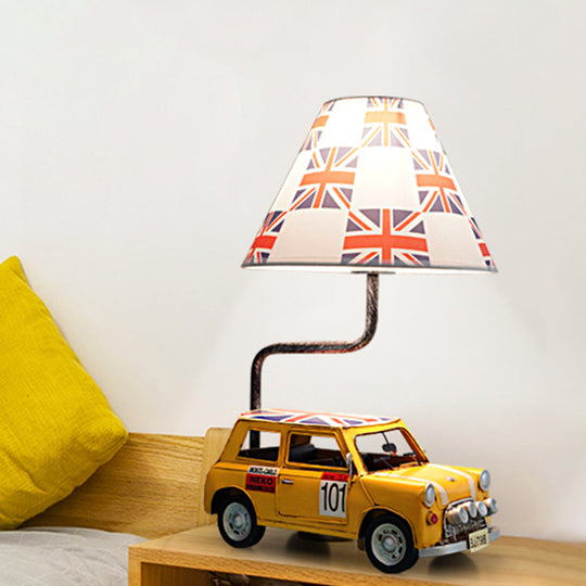 Yellow Cartoon Car Resin Desk Lamp - Cute Night Table Light With Fabric Shade