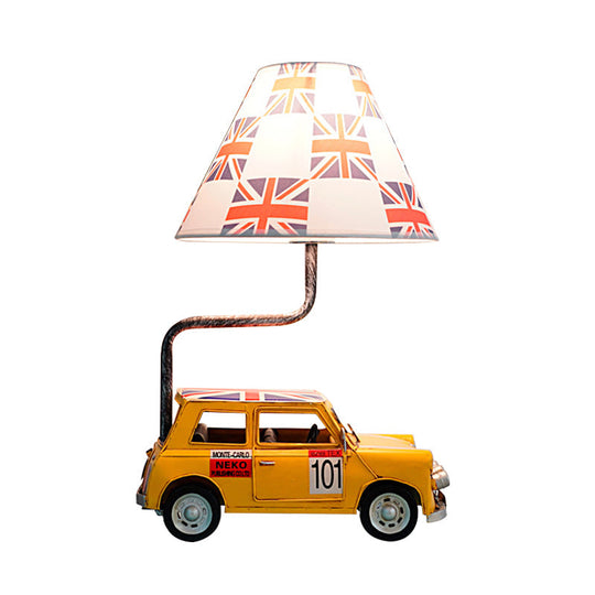 Yellow Cartoon Car Resin Desk Lamp - Cute Night Table Light With Fabric Shade