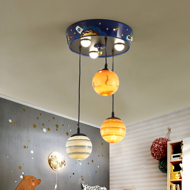 Blue Planet Nursery Pendant Light With 3 Frosted Glass Shades For Kids