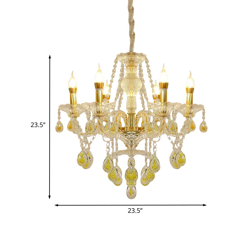 Modernist Gold Finish Candlestick Chandelier with Crystal Drip Pendant Lighting - 6 Bulbs