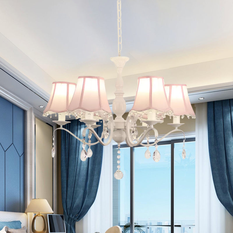 Contemporary 6-Light Scalloped Fabric Pendant Chandelier In Pink/Blue With Crystal Droplet