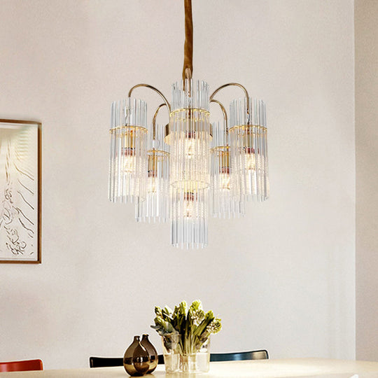 Modern Gold Chandelier With 6-Head Down Lighting Clear Glass Bar Shade - Bedroom Fixture