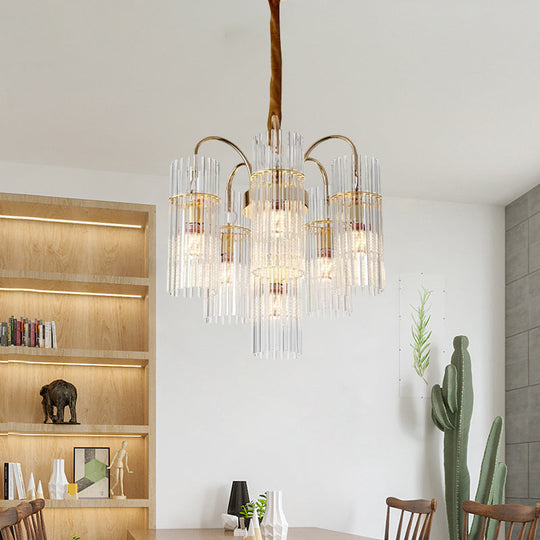 Modern Gold Finish Chandelier with Clear Glass Shades and 6-Head Bedroom Down Lighting