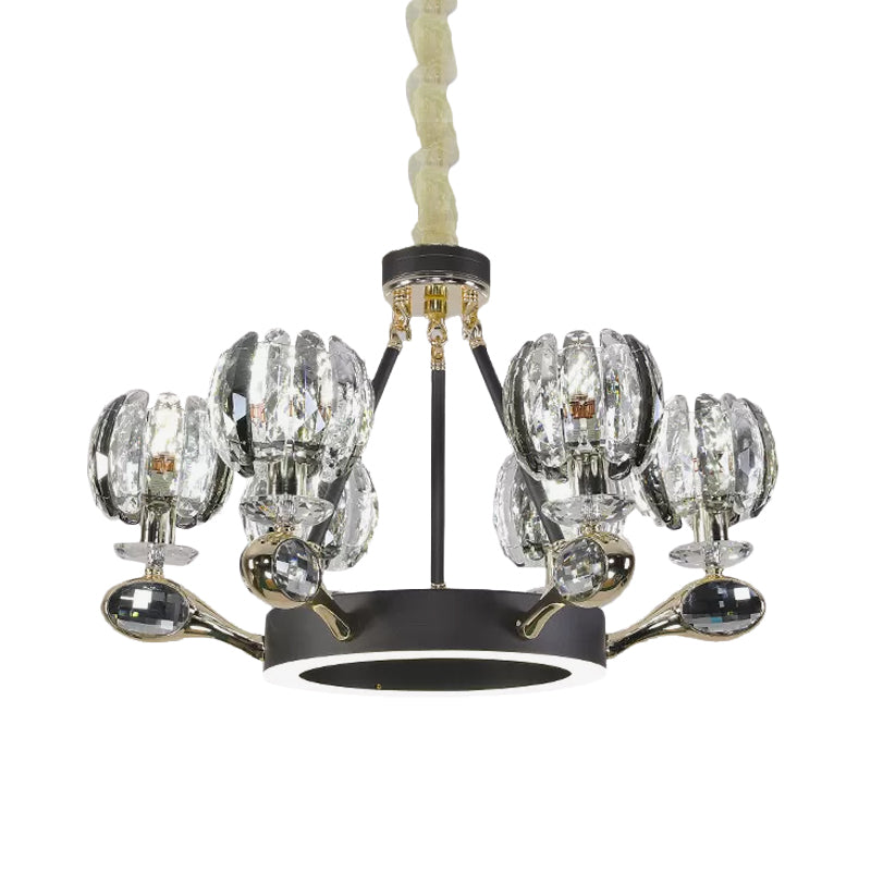 Modernist Crystal Bud Suspension Light - 6 Head Black Chandelier