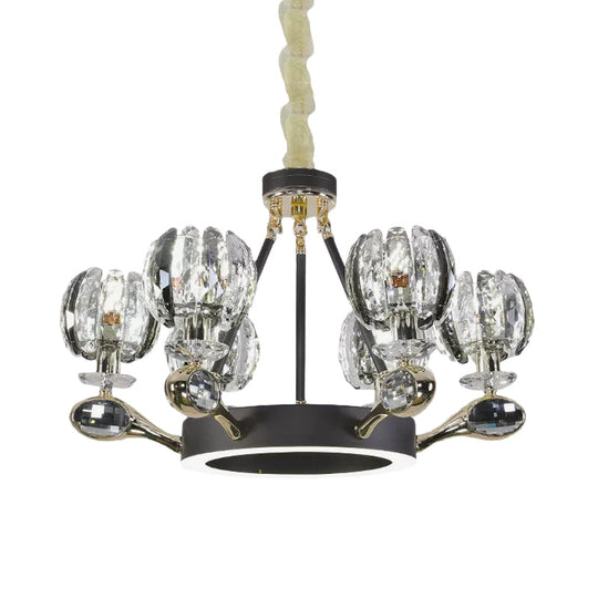 Modernist Crystal Suspension Light: 6-Headed Bud-Shaped Black Chandelier